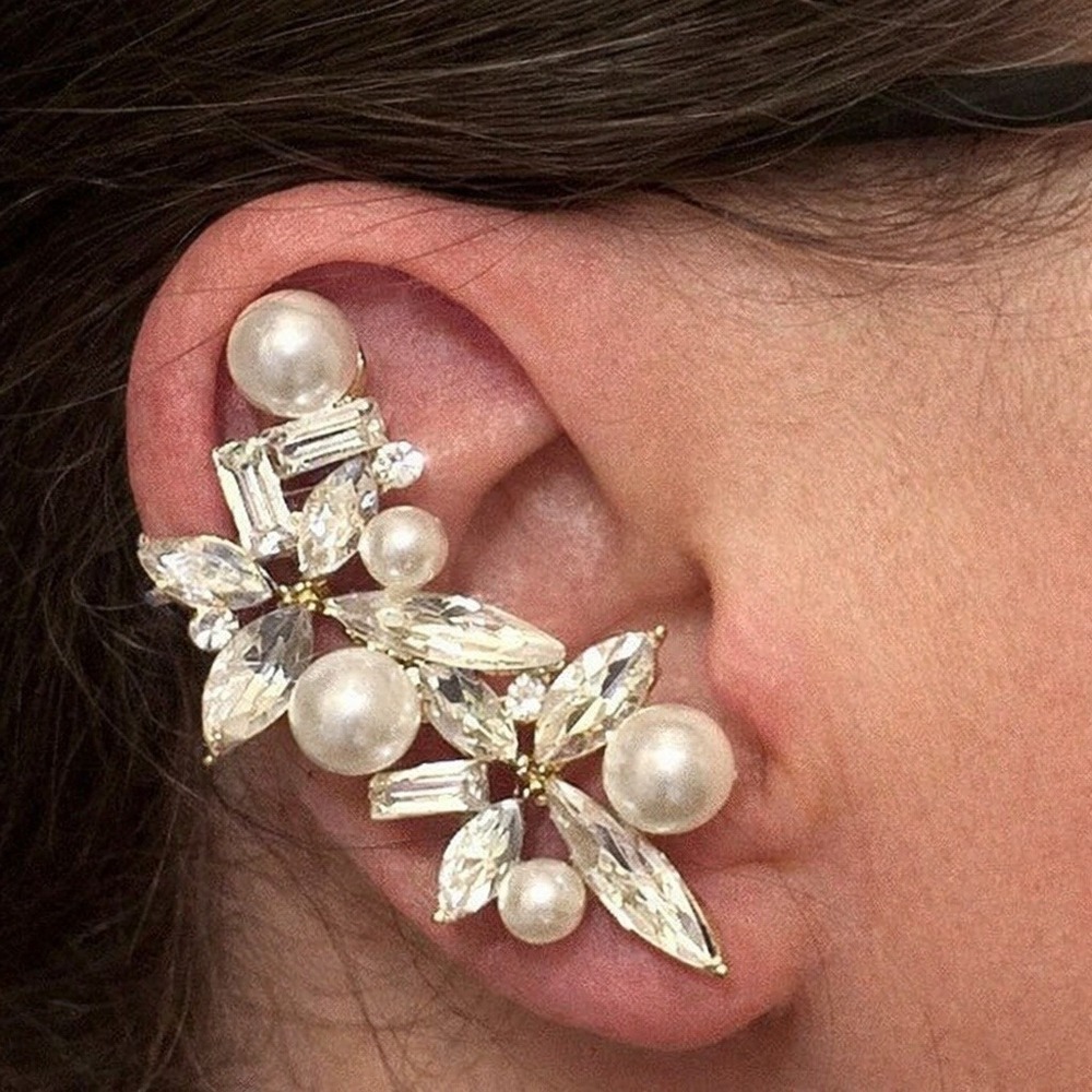 Gold‎ Tone Faux Pearl & Rhinestone Ear Climber Earrings Set *NEW*